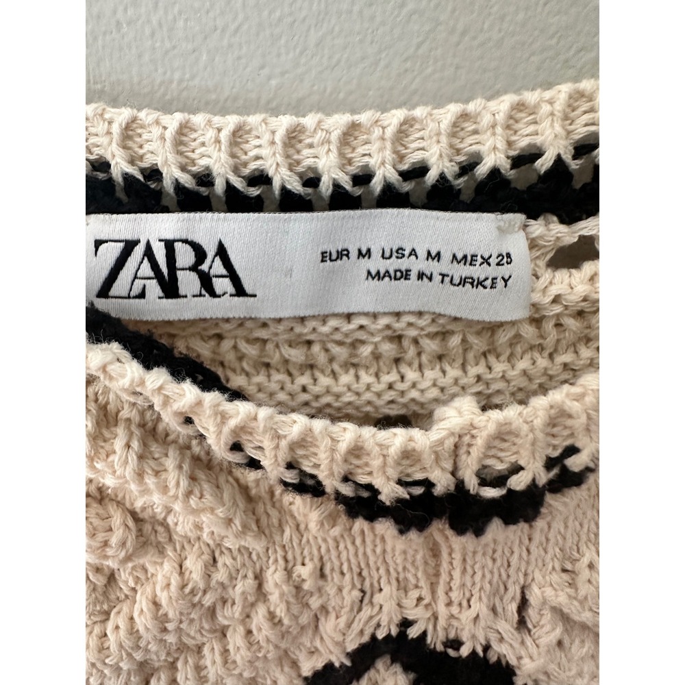 Zara Crochet Knit Bodice Crinkle Midi Dress Cream Black Boho Summer Flowy Size M - Picture 5 of 8
